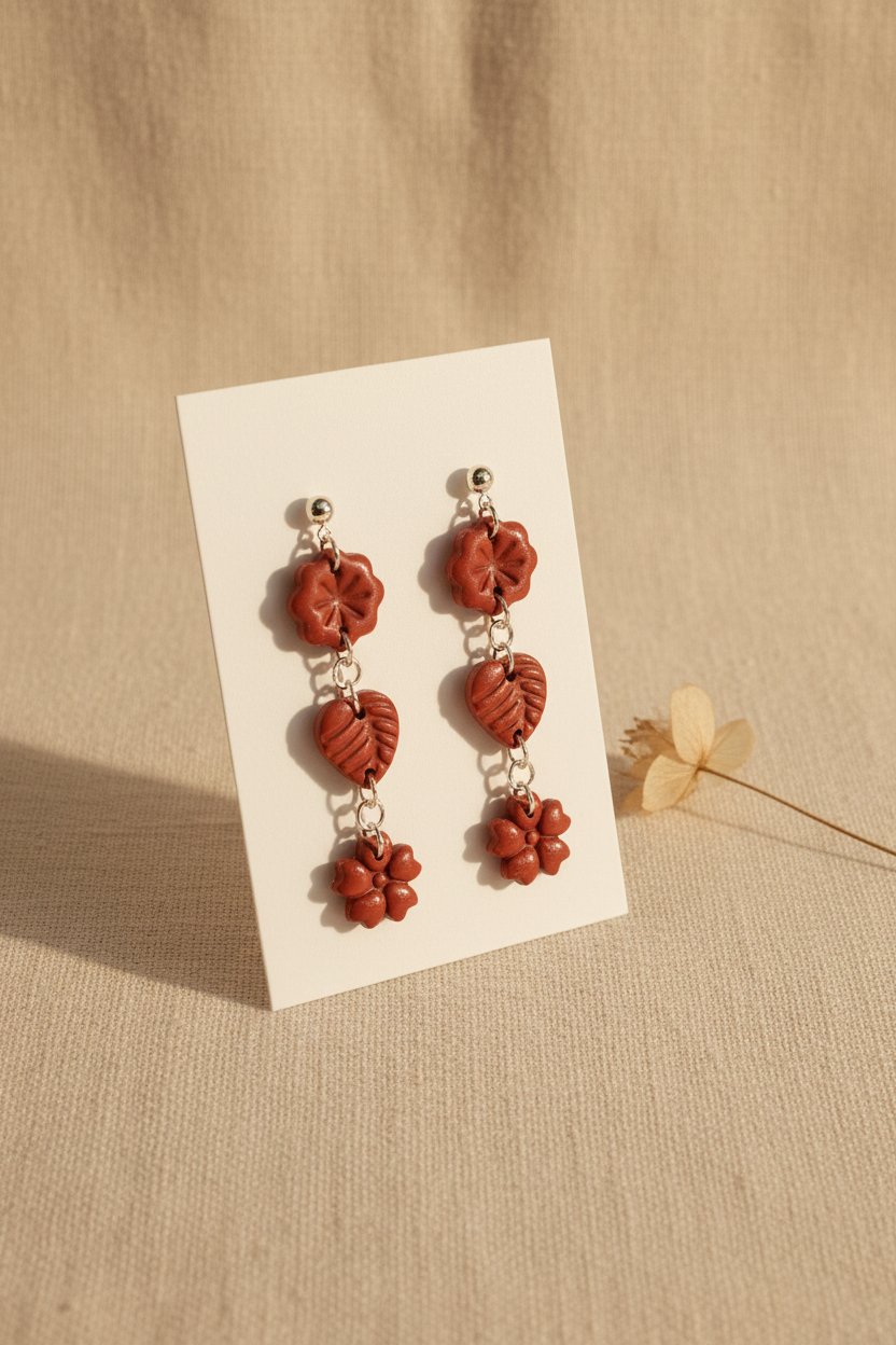 Handmade polymer clay Botanical Trio Earrings in Poppy Red — warm brick red three-tier flower, leaf & flower drop earrings on a plain white jewellery card with dried botanical stem