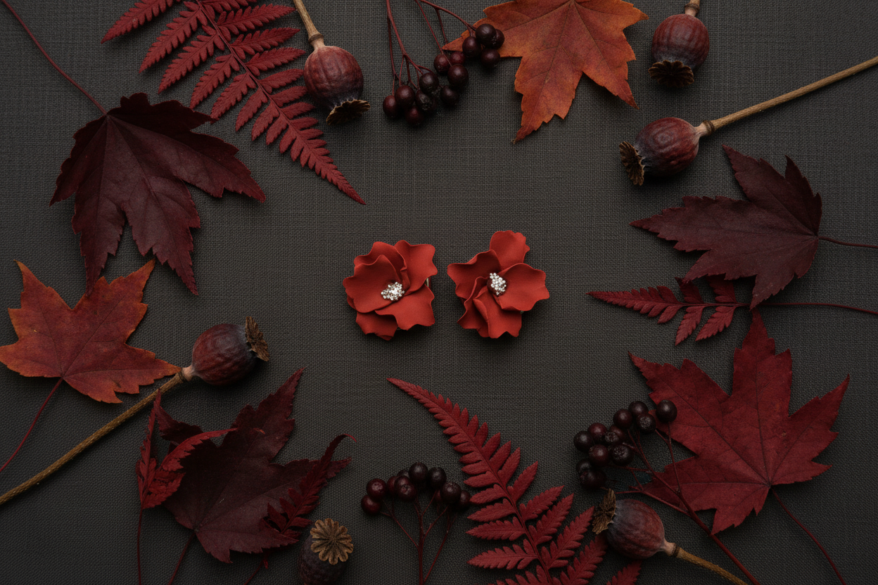 Autumn Petal Studs in Poppy Red flat lay with dried red poppies and autumn maple leaves on dark linen, handmade polymer clay earrings from Crafty Larder's Harvest & Dusk Collection