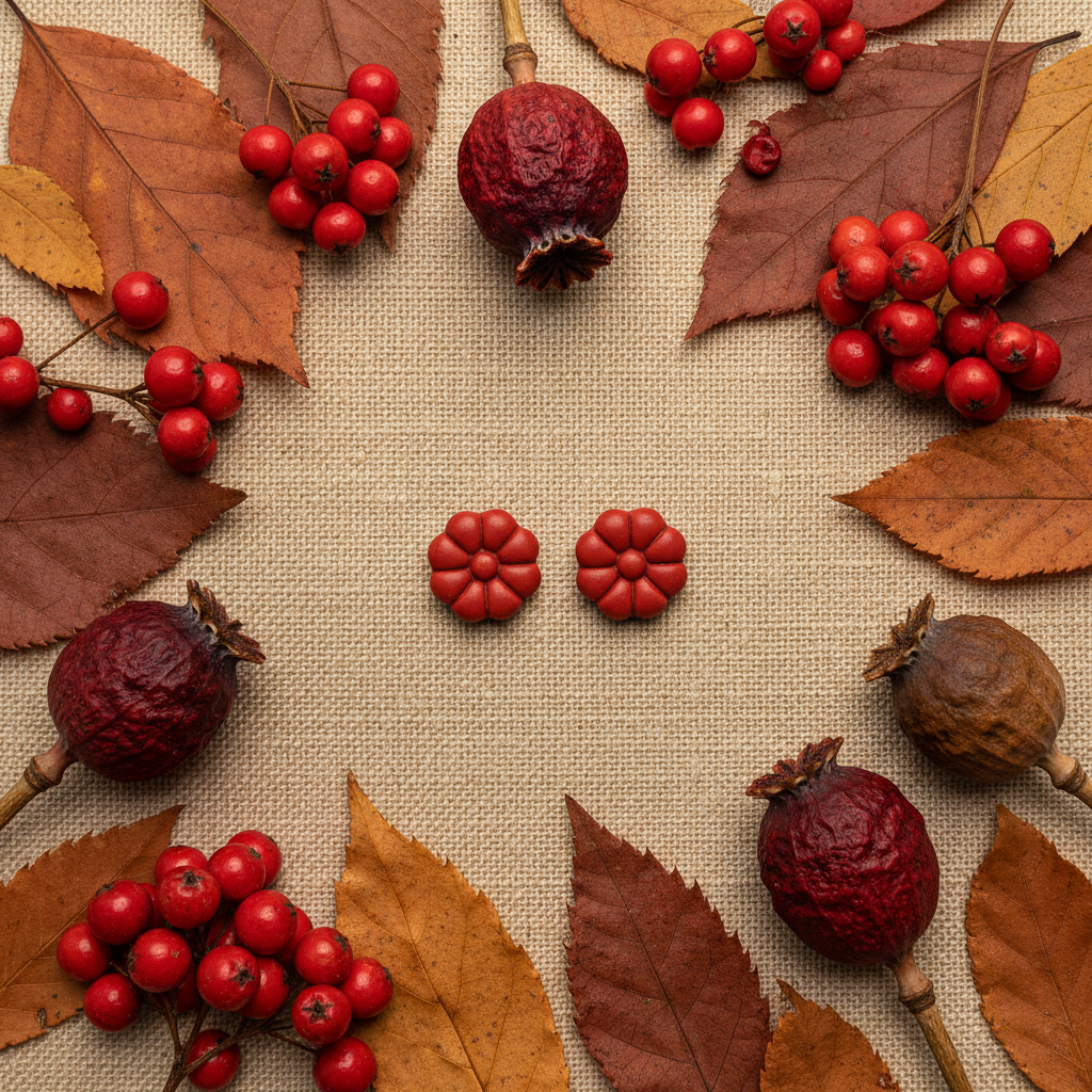 Dahlia Studs in Poppy Red flat lay with dried red poppies and russet autumn leaves on warm linen, handmade polymer clay earrings from Crafty Larder's Harvest & Dusk Collection