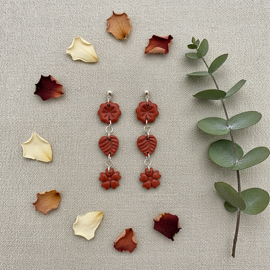 Flat lay of Crafty Larder Botanical Trio Earrings in Poppy Red on warm grey linen with eucalyptus — handmade polymer clay three-tier flower, leaf & flower drop earrings in warm brick red