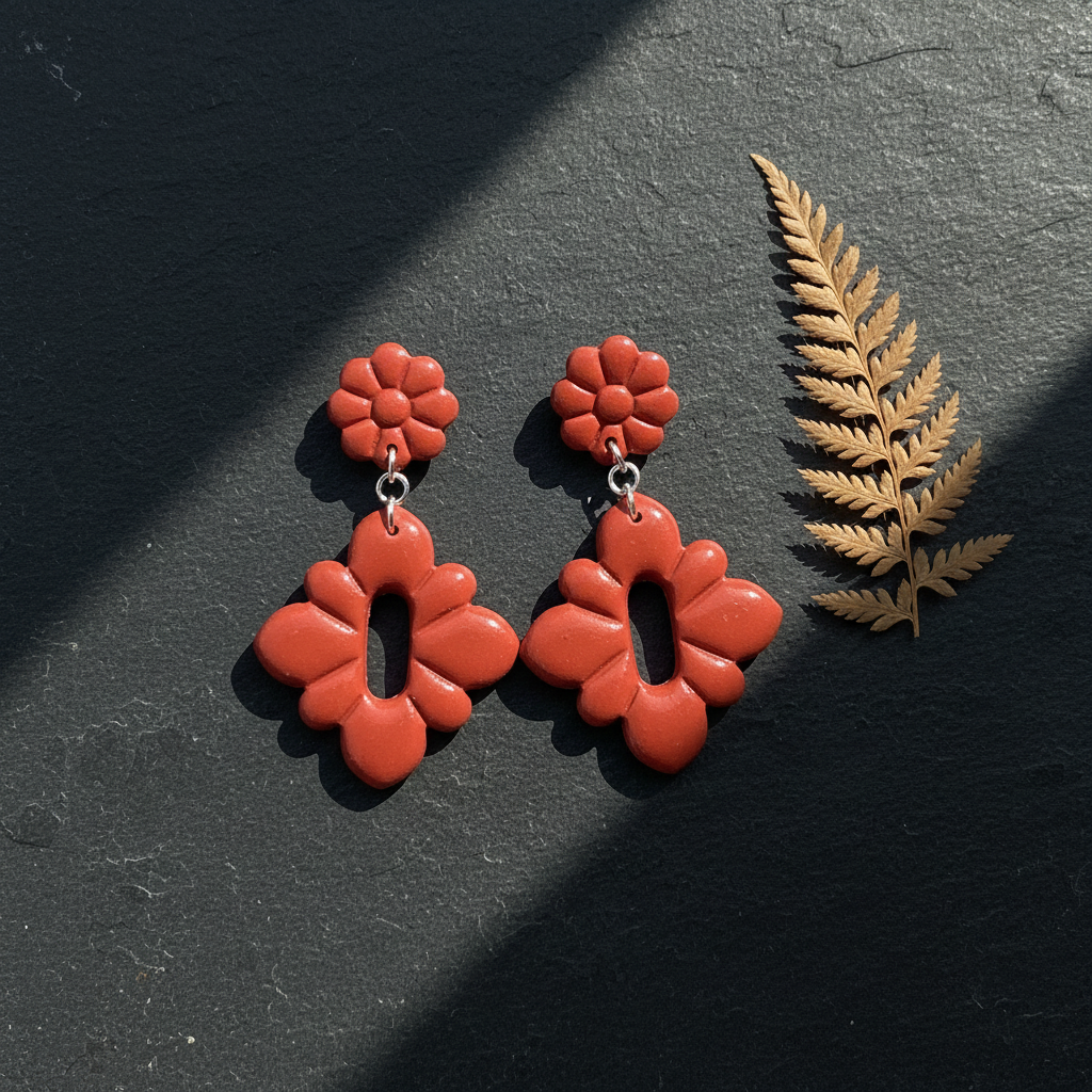 Flat lay of Crafty Larder Gerbera Drop Earrings in Poppy Red on a dark moody surface with dried botanicals — handmade polymer clay dangle earrings in warm brick red