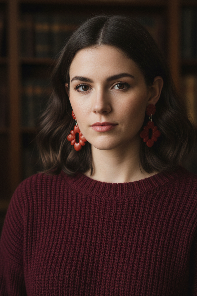 Model wearing Crafty Larder Gerbera Drop Earrings in Poppy Red — handmade polymer clay dangle earrings in warm brick red, styled with a rich dark autumn winter outfit