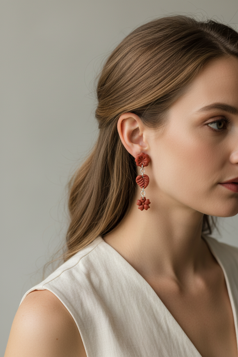 Model wearing Crafty Larder Botanical Trio Earrings in Poppy Red — handmade polymer clay three-tier botanical drop earrings in warm brick red showing full length against neck and collarbone
