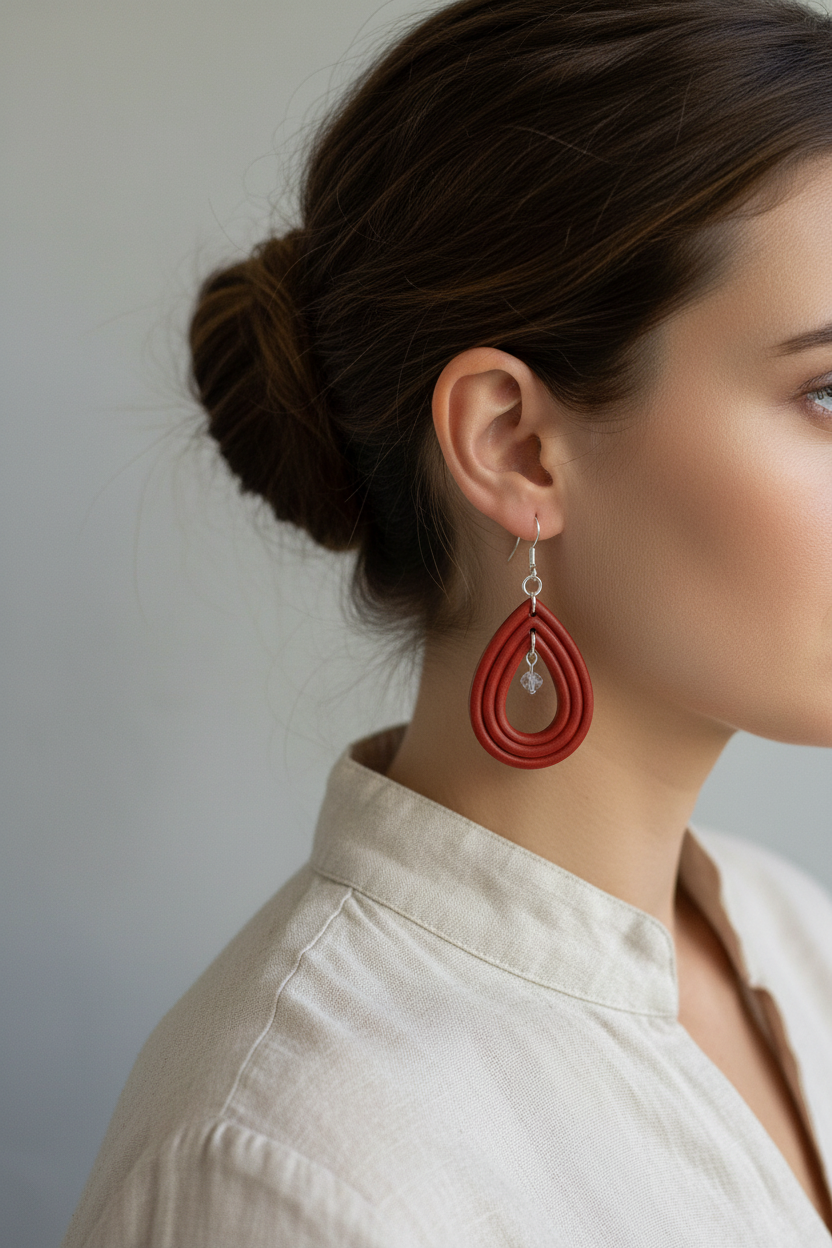 Side profile of model wearing Crafty Larder Raindrop Crystal Earrings in Poppy Red — handmade polymer clay open teardrop hoop earrings with crystal bead in warm brick red, hair up showing full earring