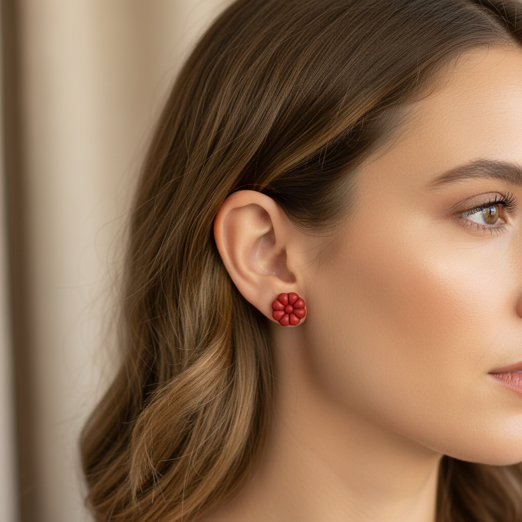 Woman wearing Dahlia Studs in Poppy Red, bold brick red polymer clay 8-petal dahlia flower studs, handcrafted in New Zealand by Crafty Larder