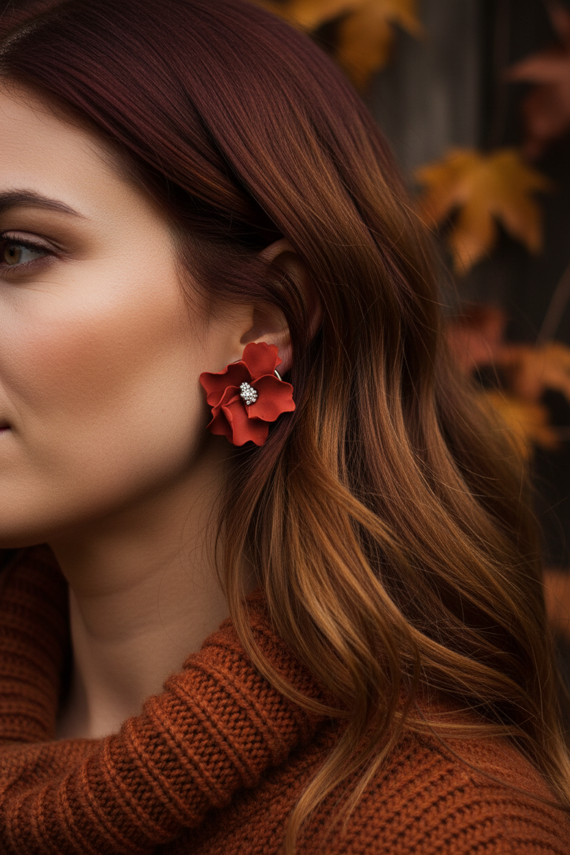 Woman wearing Autumn Petal Studs in Poppy Red, large polymer clay floral studs with silver centre, handcrafted in New Zealand