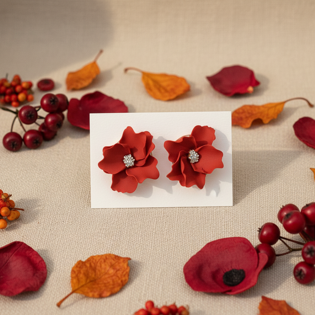Autumn Petal Studs in Poppy Red — handmade polymer clay floral stud earrings with silver stamen, displayed on white card with dried poppy petal botanical styling