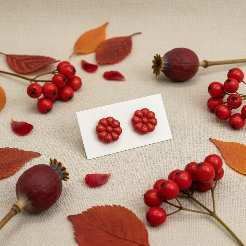Dahlia Studs in Poppy Red — handmade polymer clay 8-petal dahlia flower stud earrings, displayed on white card with vibrant red poppy botanical styling, handcrafted in New Zealand by Crafty Larder