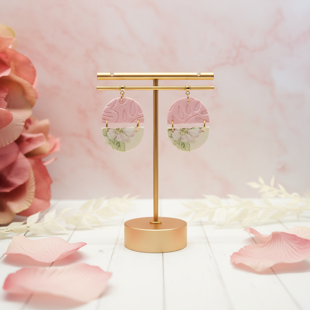 "Handmade polymer clay circle half earrings with embossed pink pattern on top and cream/green floral pattern on bottom connected by gold bar"