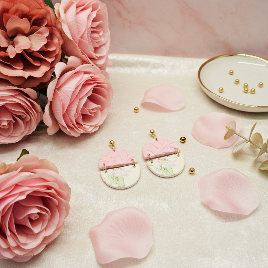 "Handmade polymer clay circle half earrings with embossed pink pattern on top and cream/green floral pattern on bottom connected by gold bar"