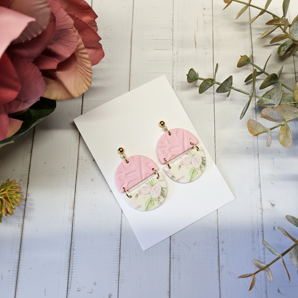 "Handmade polymer clay circle half earrings with embossed pink pattern on top and cream/green floral pattern on bottom connected by gold bar"