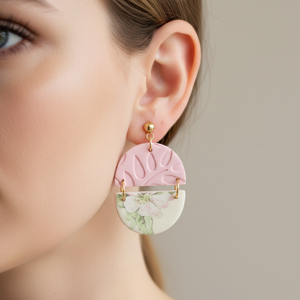 "Handmade polymer clay circle half earrings with embossed pink pattern on top and cream/green floral pattern on bottom connected by gold bar"