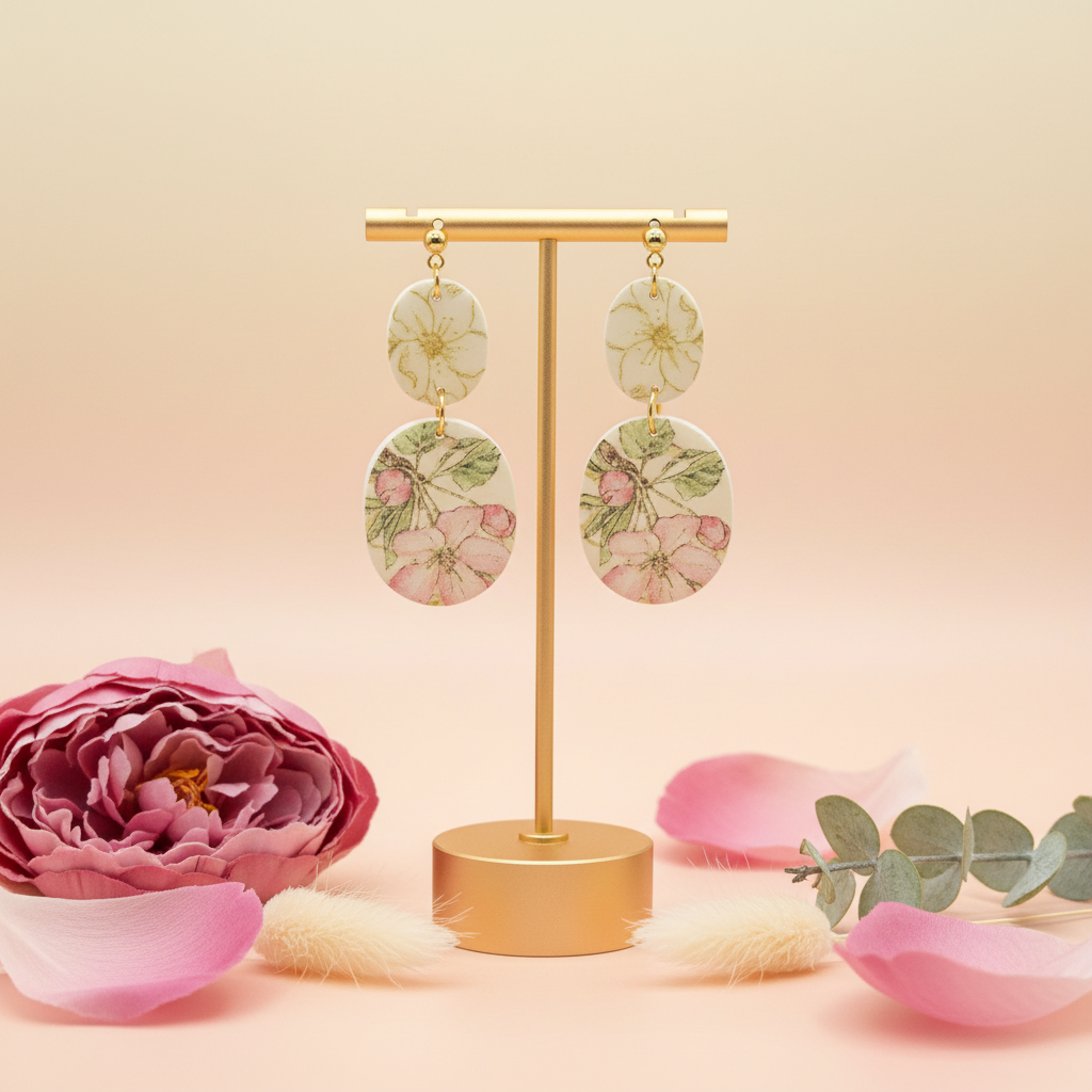  "Handmade polymer clay two-tier oval dangle earrings with cream/yellow flowers on top tier and pink flowers with green leaves on bottom tier"