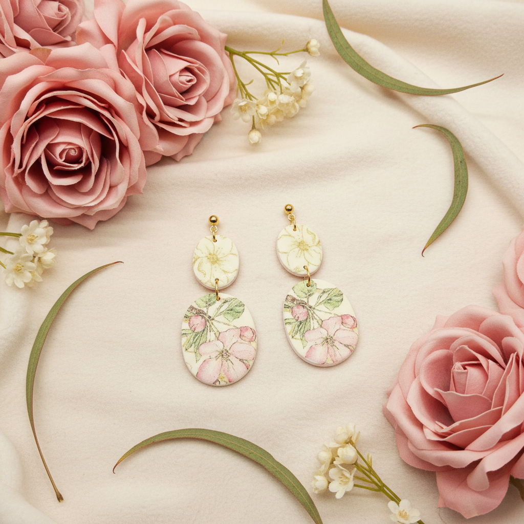  "Handmade polymer clay two-tier oval dangle earrings with cream/yellow flowers on top tier and pink flowers with green leaves on bottom tier"