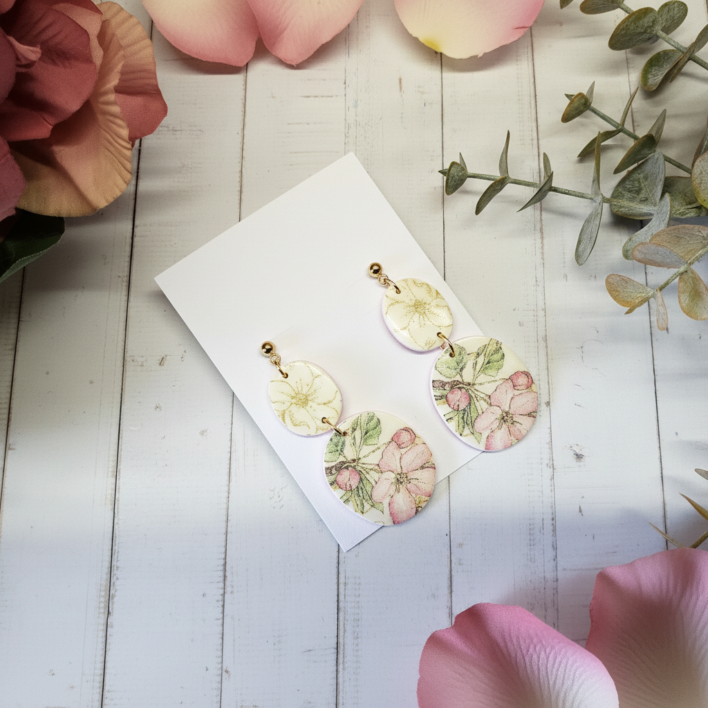  "Handmade polymer clay two-tier oval dangle earrings with cream/yellow flowers on top tier and pink flowers with green leaves on bottom tier"