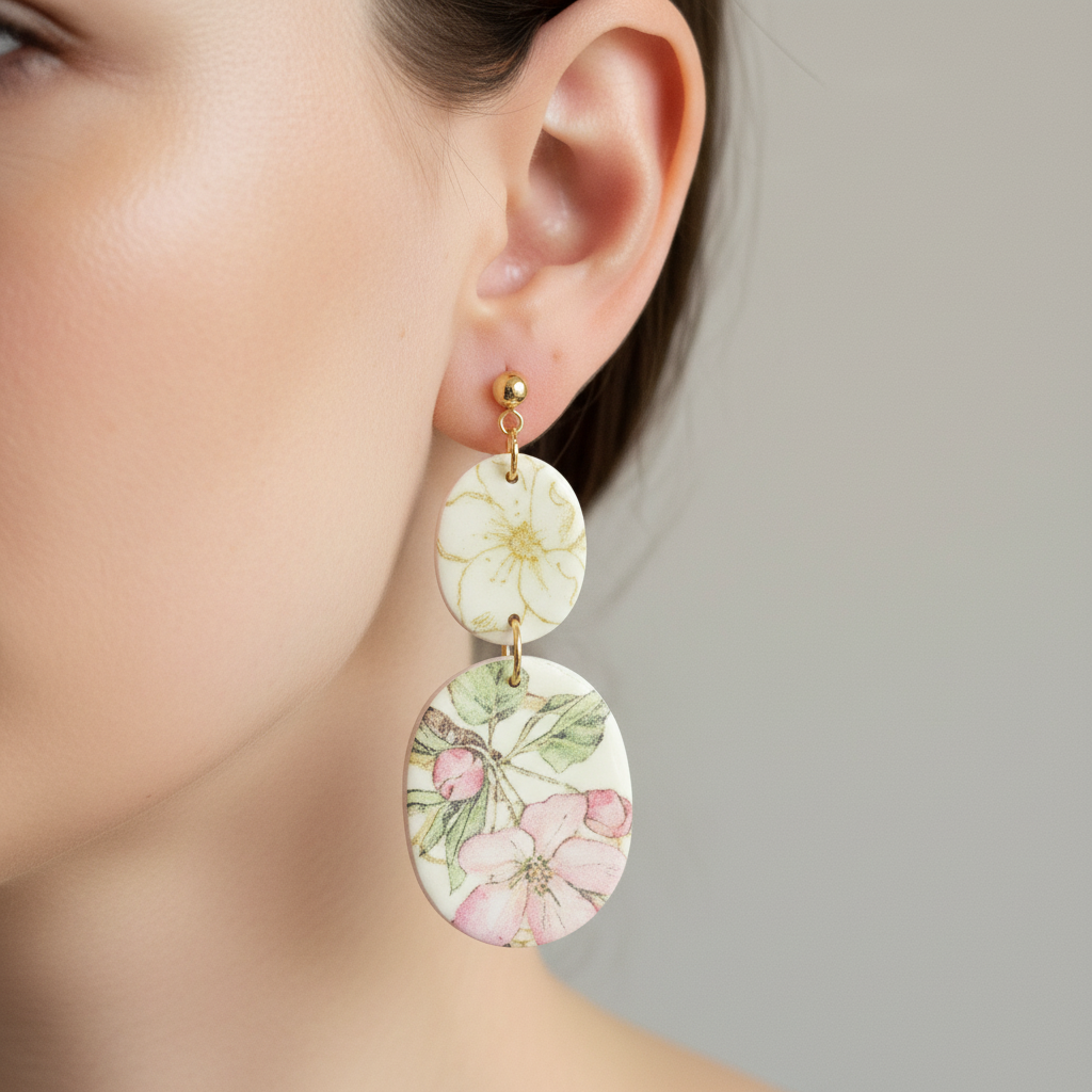  "Handmade polymer clay two-tier oval dangle earrings with cream/yellow flowers on top tier and pink flowers with green leaves on bottom tier"