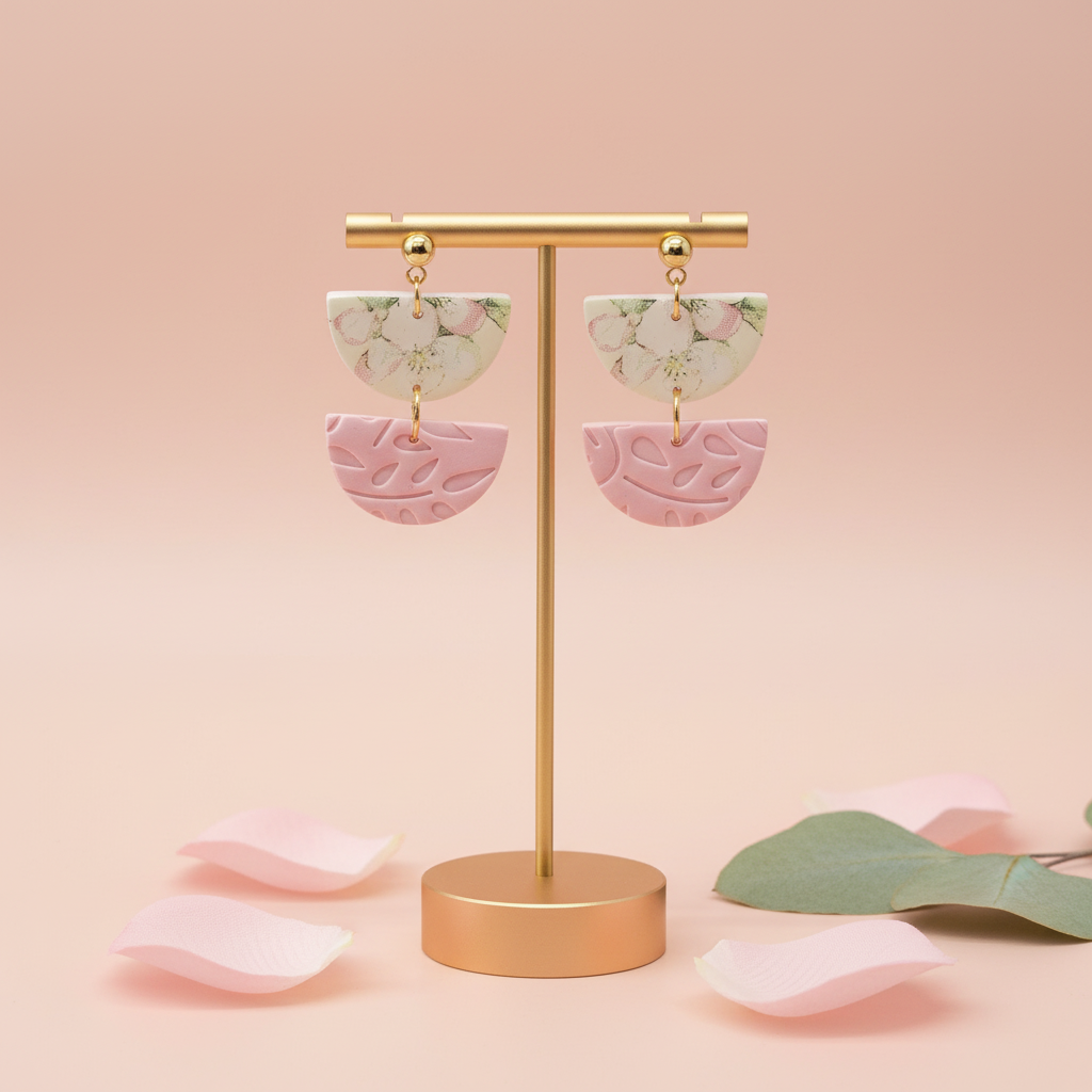  "Handmade polymer clay offset round earrings with cream/green floral half-circles and embossed pink half-circles in playful asymmetric arrangement"
