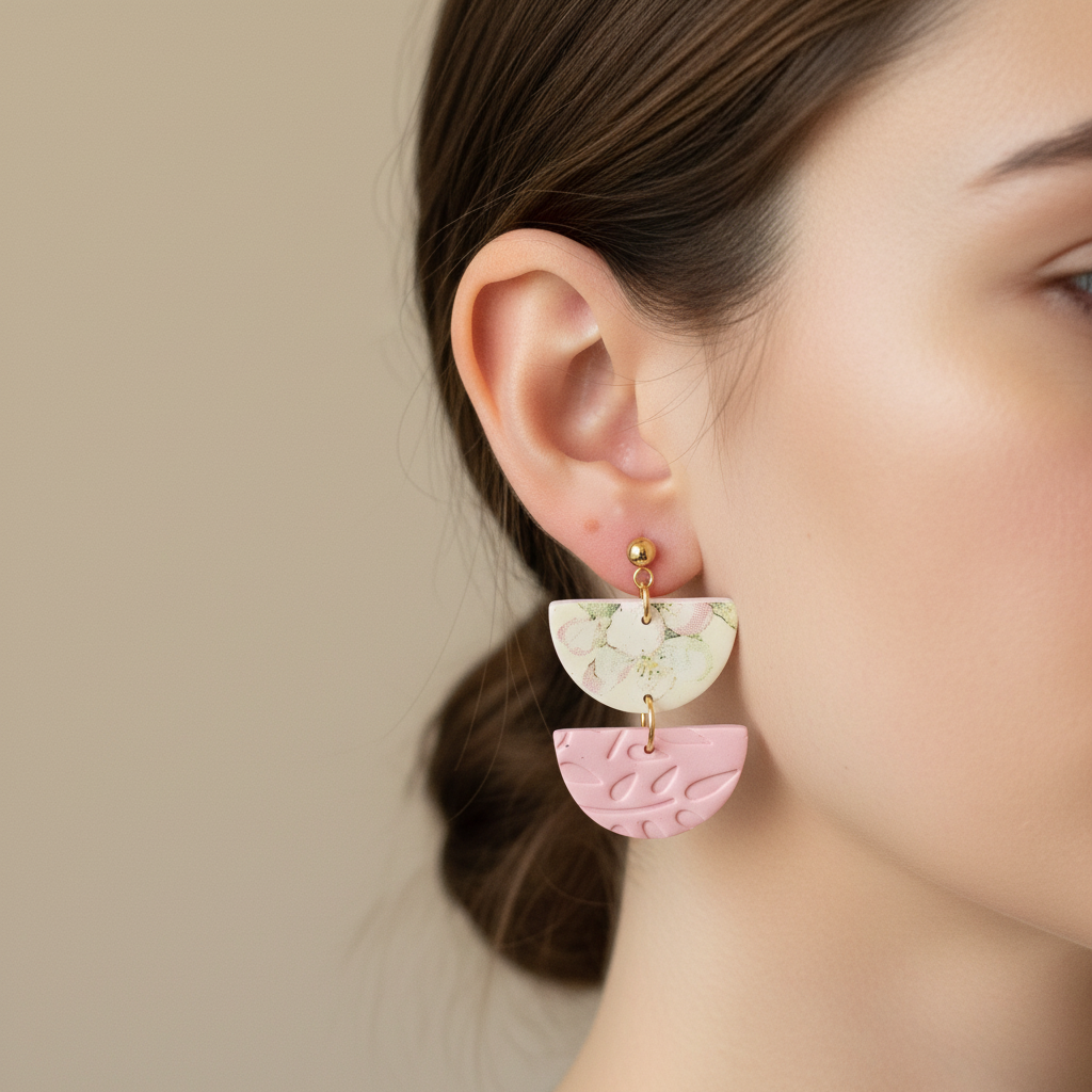  "Handmade polymer clay offset round earrings with cream/green floral half-circles and embossed pink half-circles in playful asymmetric arrangement"
