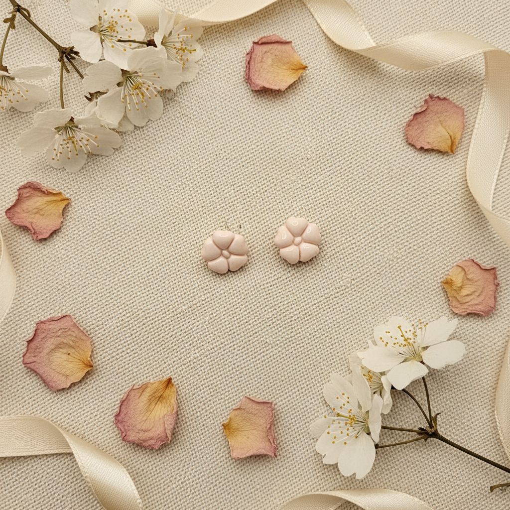 Blossom Studs in Primrose Pink flat lay with dried white cherry blossoms and pale pink rose petals on warm linen, handmade polymer clay earrings from Crafty Larder's Harvest & Dusk Collection