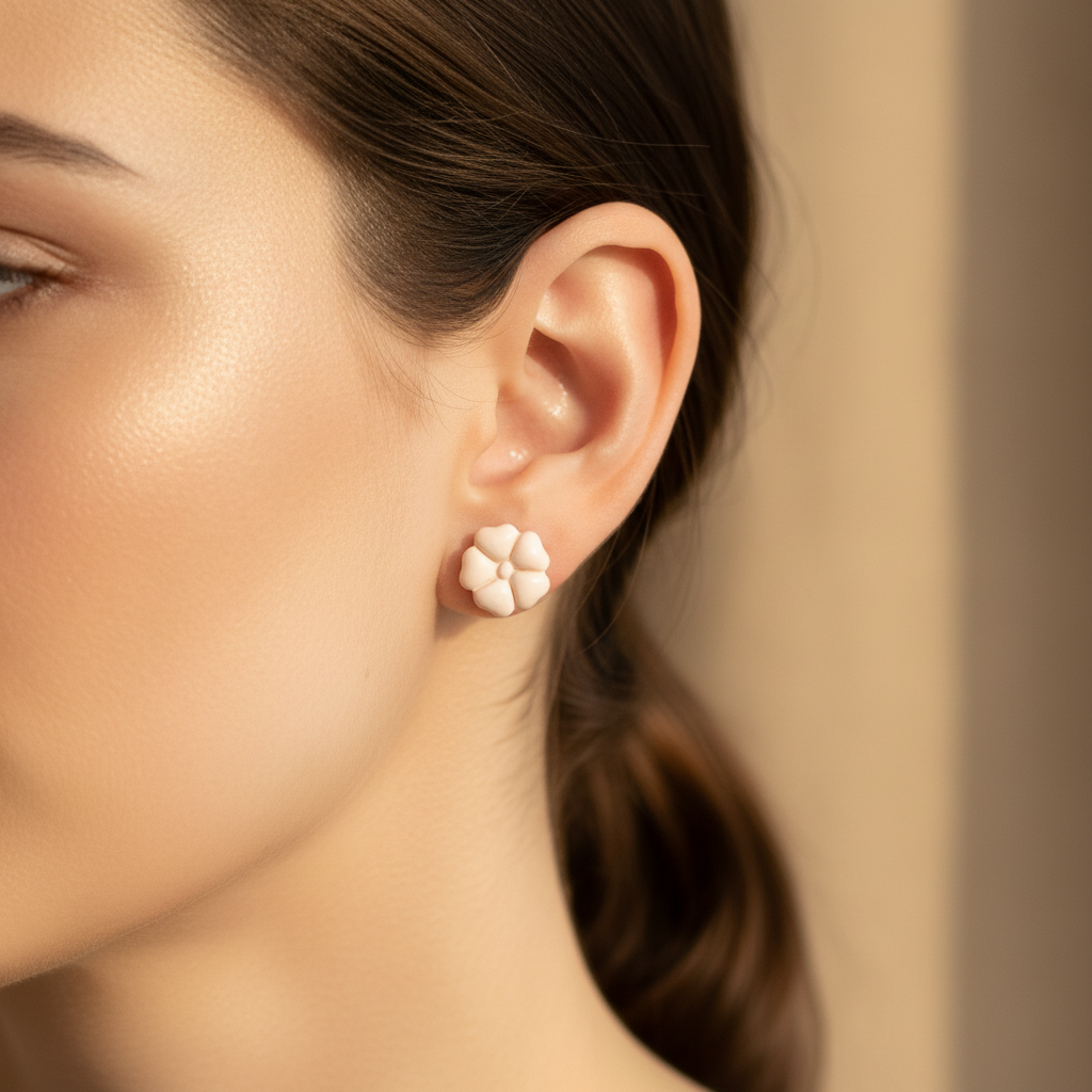 Woman wearing Blossom Studs in Primrose Pink, soft blush white cream polymer clay 5-petal flower studs, handcrafted in New Zealand by Crafty Larder