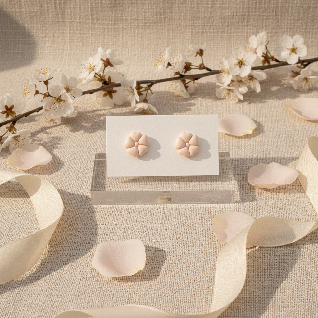 Blossom Studs in Primrose Pink — handmade polymer clay 5-petal flower stud earrings, displayed on white card with delicate cherry blossom and rose petal styling, handcrafted in New Zealand by Crafty Larder