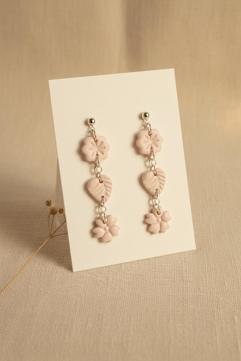 Handmade polymer clay Botanical Trio Earrings in Primrose Pink — soft pale blush three-tier flower, leaf & flower drop earrings on a plain white jewellery card with dried botanical stem