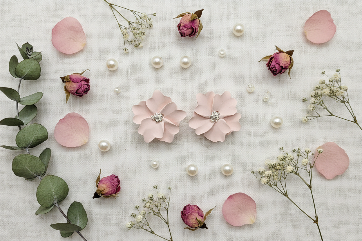 Autumn Petal Studs in Primrose Pink flat lay with dried rosebuds and pearl beads on white linen, handmade polymer clay earrings from Crafty Larder's Harvest & Dusk Collection