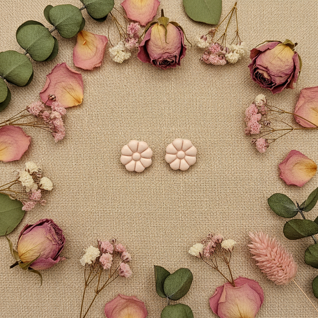 Dahlia Studs in Primrose Pink flat lay with dried rose petals and soft florals on warm linen, handmade polymer clay earrings from Crafty Larder's Harvest & Dusk Collection