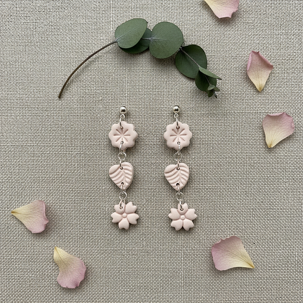 Flat lay of Crafty Larder Botanical Trio Earrings in Primrose Pink on warm grey linen with eucalyptus — handmade polymer clay three-tier flower, leaf & flower drop earrings in soft pale blush