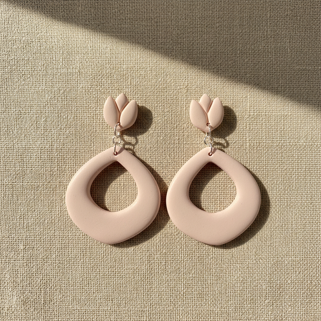 Flat lay of Crafty Larder Tulip Loop Earrings in Primrose Pink on a natural linen surface — handmade polymer clay dangle earrings in soft pale blush pink