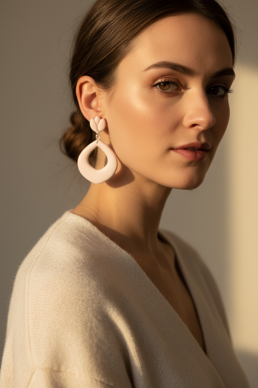 Model wearing Crafty Larder Tulip Loop Earrings in Primrose Pink — handmade polymer clay dangle earrings in soft pale blush pink, styled with a cosy cream knit
