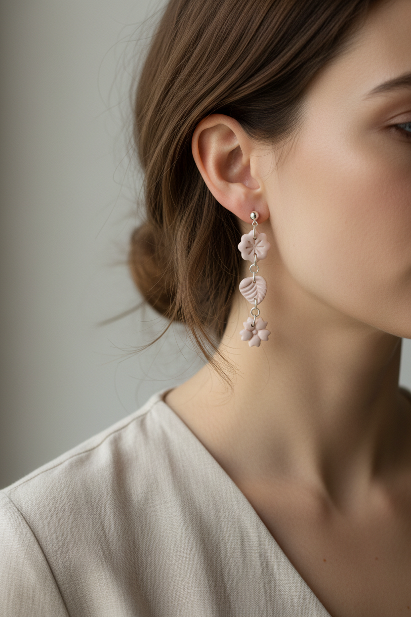 Model wearing Crafty Larder Botanical Trio Earrings in Primrose Pink — handmade polymer clay three-tier botanical drop earrings in soft pale blush showing full length against neck and collarbone