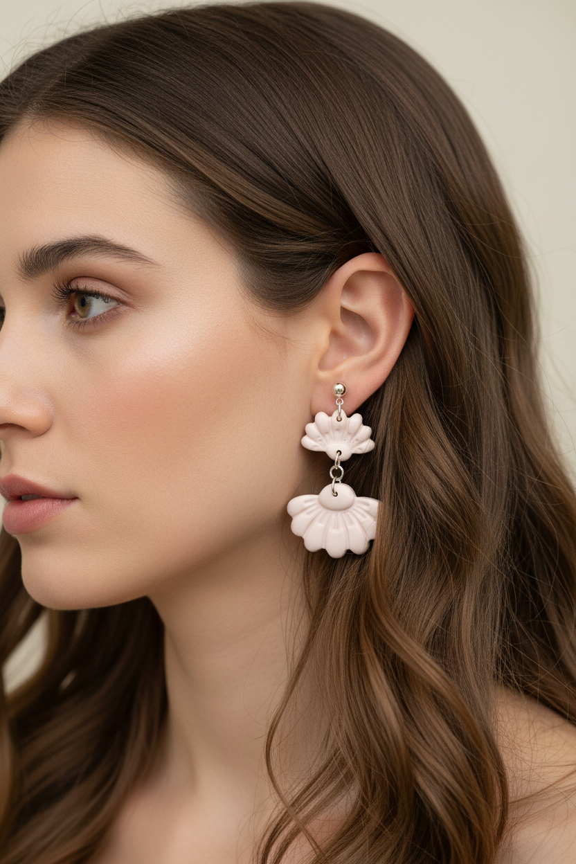 Close up of model wearing Crafty Larder Petal Tier Earrings in Primrose Pink — handmade polymer clay two-tiered fan-shaped ruffled drop earrings in soft pale blush