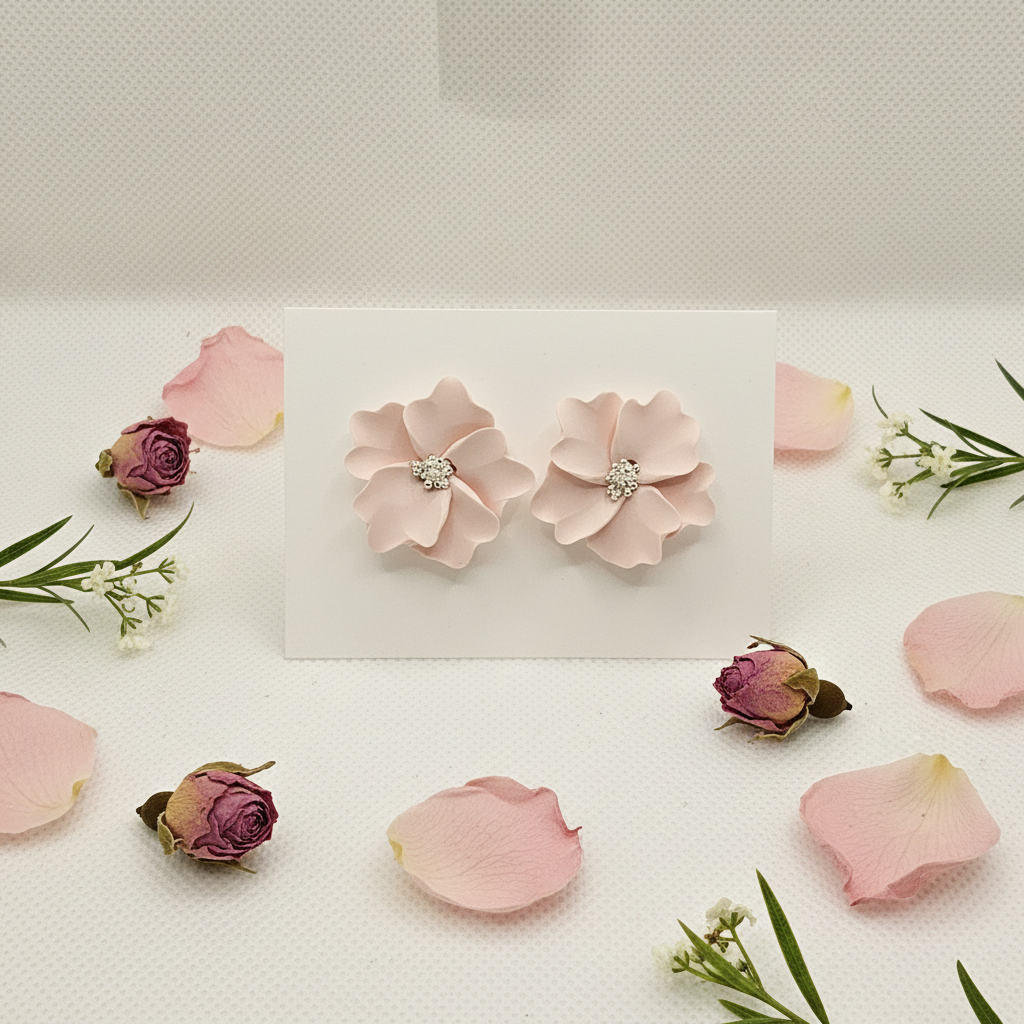 utumn Petal Studs in Primrose Pink — handmade polymer clay floral stud earrings with silver stamen, displayed on white card with dried pink rosebud botanical styling