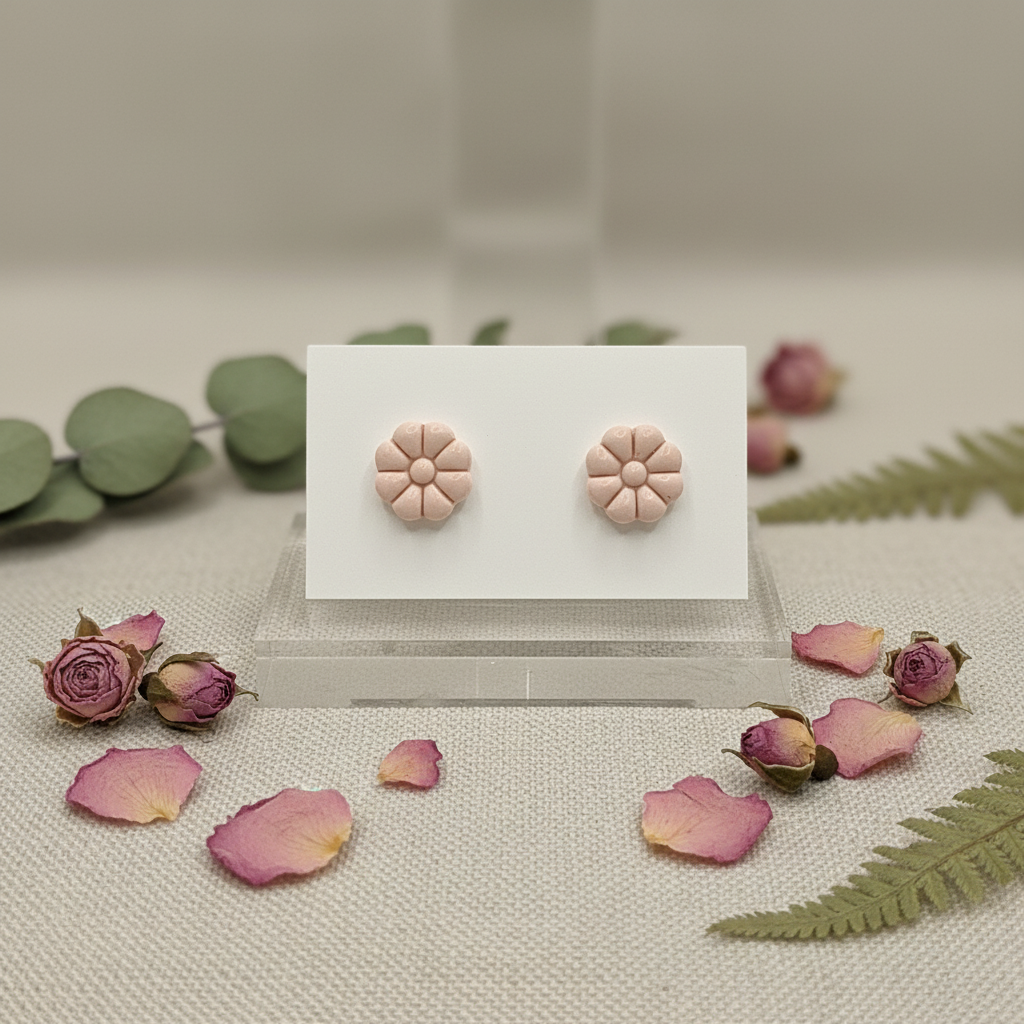 Dahlia Studs in Primrose Pink — handmade polymer clay 8-petal dahlia flower stud earrings, displayed on white card with delicate floral botanical styling, handcrafted in New Zealand by Crafty Larder