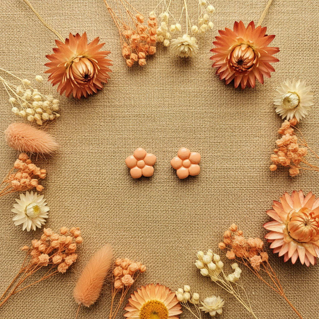 Primrose Studs in Brandied Melon flat lay with dried peach strawflowers and warm cream botanicals on warm linen, handmade polymer clay earrings from Crafty Larder's Harvest & Dusk Collection