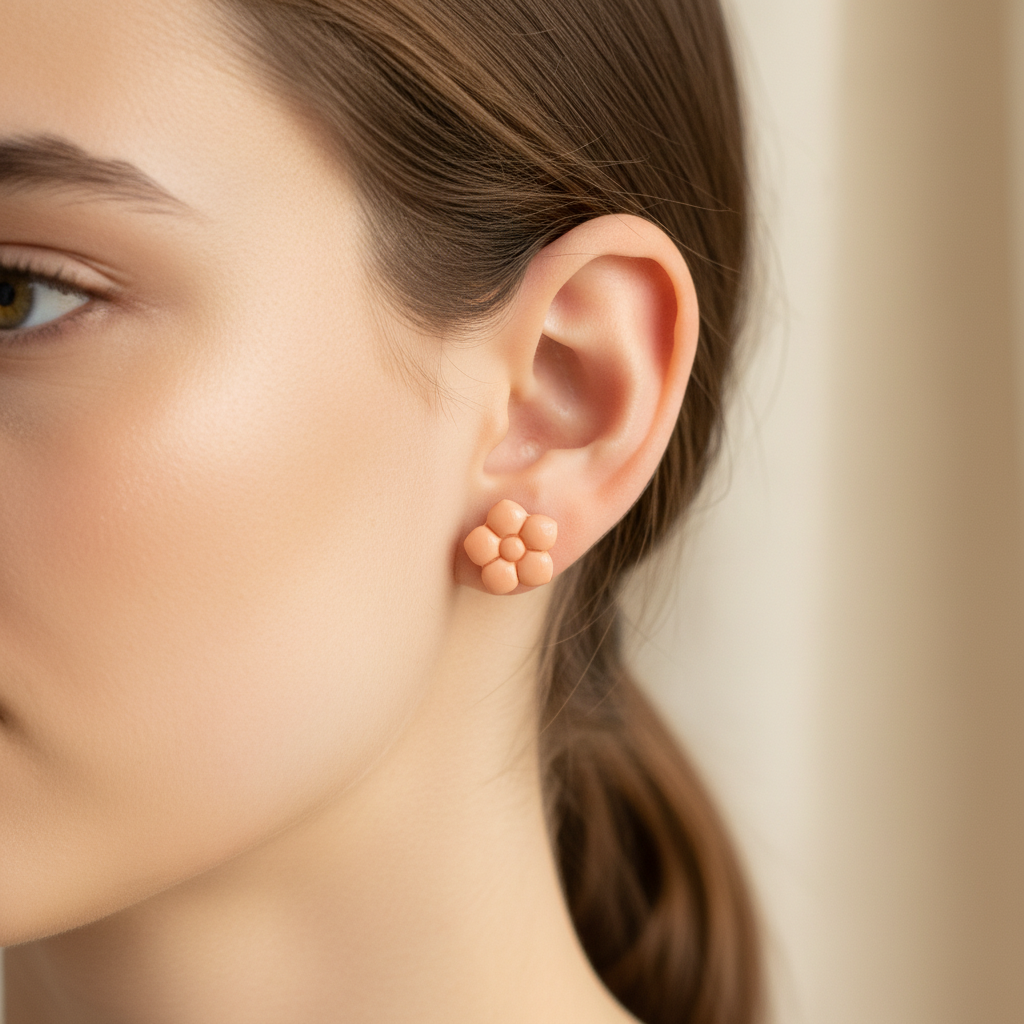 Woman wearing a Primrose Stud in Brandied Melon, soft warm peachy apricot polymer clay flower stud with smooth rounded bubble petals, handcrafted in New Zealand by Crafty Larder