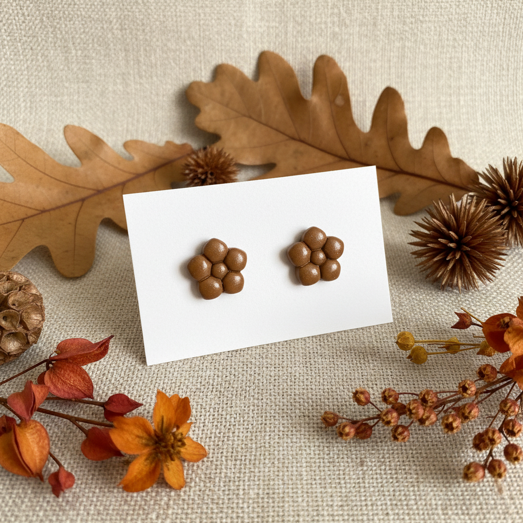 Primrose Studs in Bronze Brown — handmade polymer clay flower stud earrings with smooth glossy bubble petal finish, displayed on white card with dried warm brown oak leaves and bronze seed head botanical styling, handcrafted in New Zealand by Crafty Larder