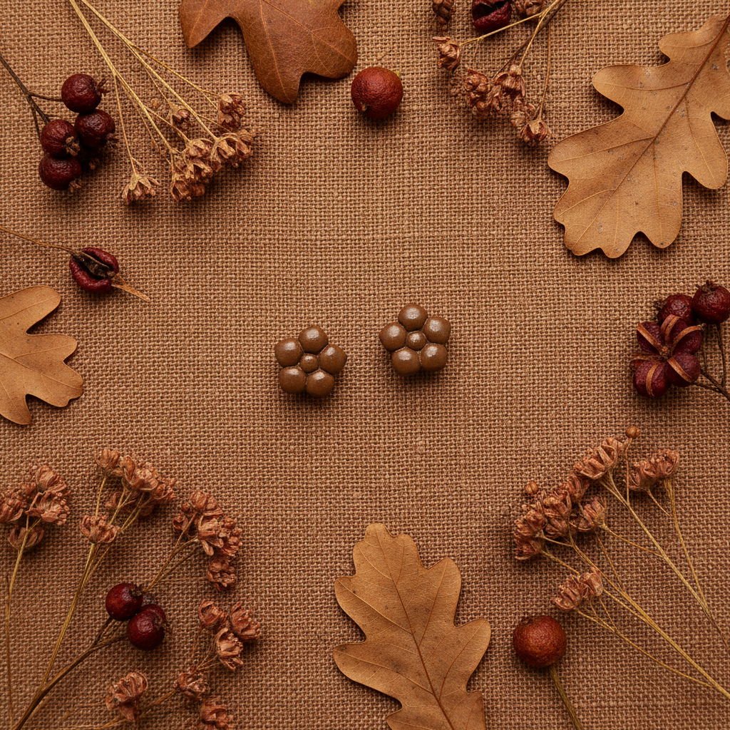 Primrose Studs in Bronze Brown flat lay with dried warm brown oak leaves and bronze seed heads on warm linen, handmade polymer clay earrings from Crafty Larder's Harvest & Dusk Collection