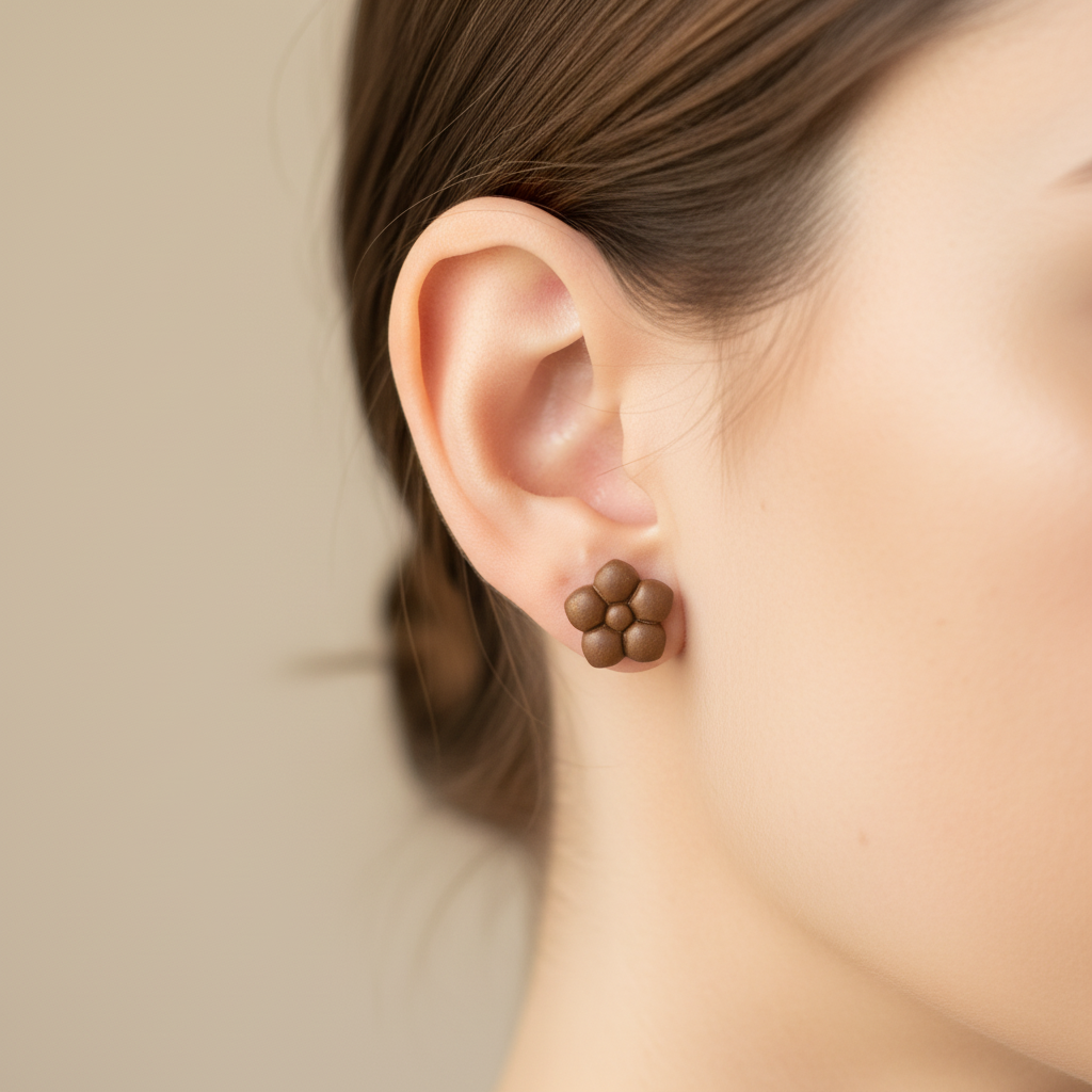Woman wearing a Primrose Stud in Bronze Brown, warm bronze brown polymer clay flower stud with smooth rounded bubble petals, handcrafted in New Zealand by Crafty Larder