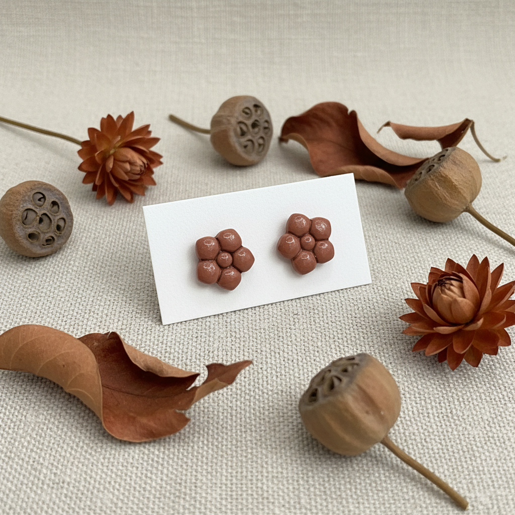 Primrose Studs in Chili Oil — handmade polymer clay flower stud earrings with smooth glossy bubble petal finish, displayed on white card with warm terracotta dried botanicals and russet leaf styling, handcrafted in New Zealand by Crafty Larder