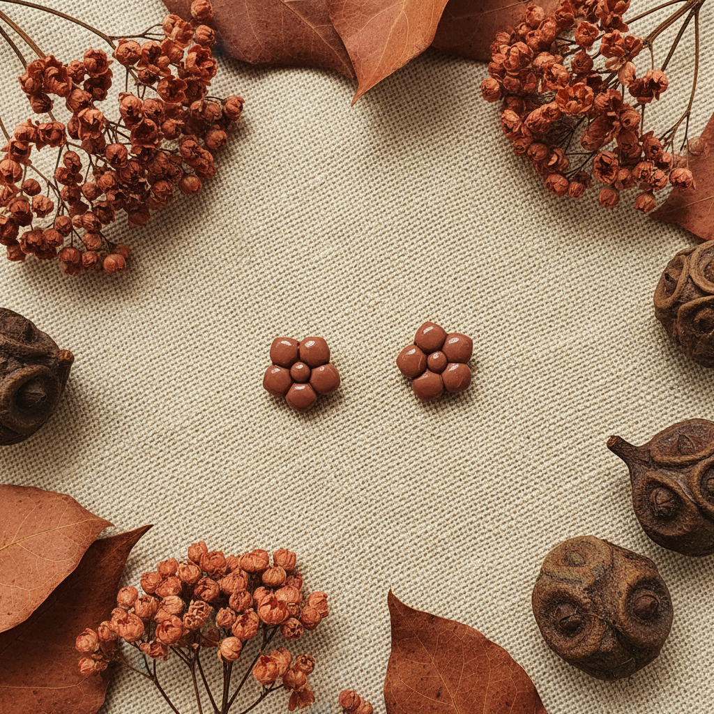 Primrose Studs in Chili Oil flat lay with warm terracotta dried botanicals and russet leaves on warm linen, handmade polymer clay earrings from Crafty Larder's Harvest & Dusk Collection