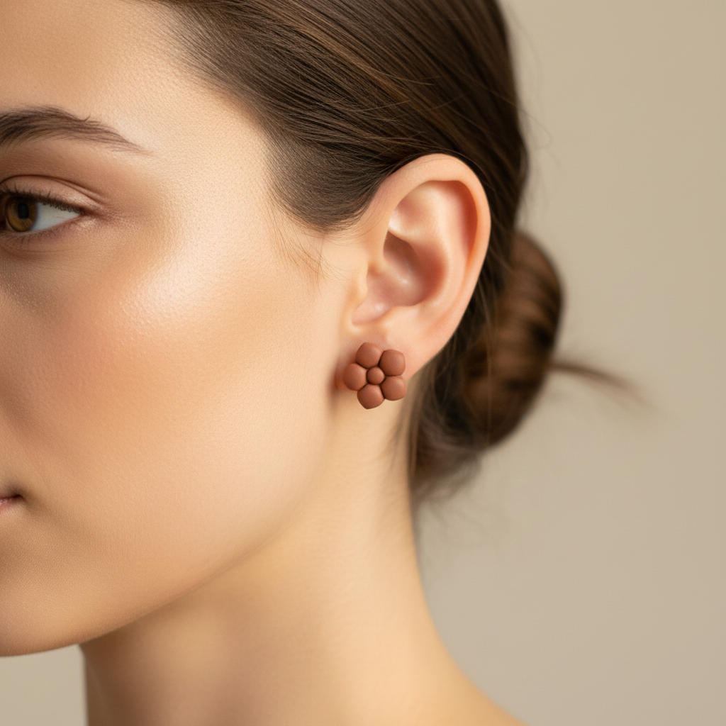 Woman wearing a Primrose Stud in Chili Oil, warm muted terracotta clay brown polymer clay flower stud with smooth rounded bubble petals, handcrafted in New Zealand by Crafty Larder