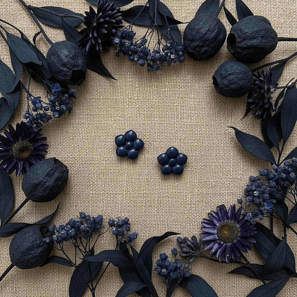Primrose Studs in Crown Blue flat lay with deep navy dried botanicals and midnight blue seed pods on warm linen, handmade polymer clay earrings from Crafty Larder's Harvest & Dusk Collection