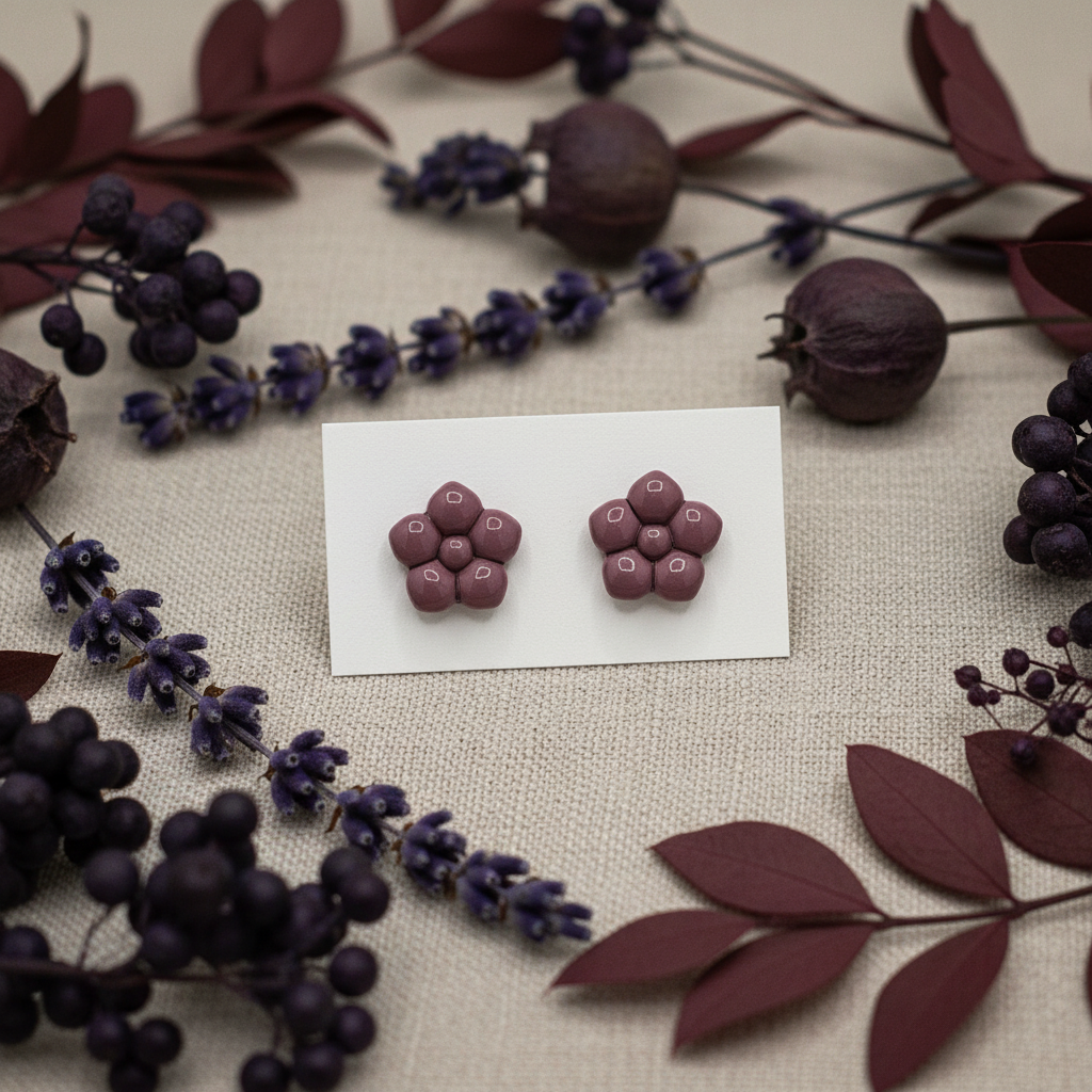 Primrose Studs in Damson — handmade polymer clay flower stud earrings with smooth glossy bubble petal finish, displayed on white card with dried dark plum lavender and burgundy botanical styling, handcrafted in New Zealand by Crafty Larder
