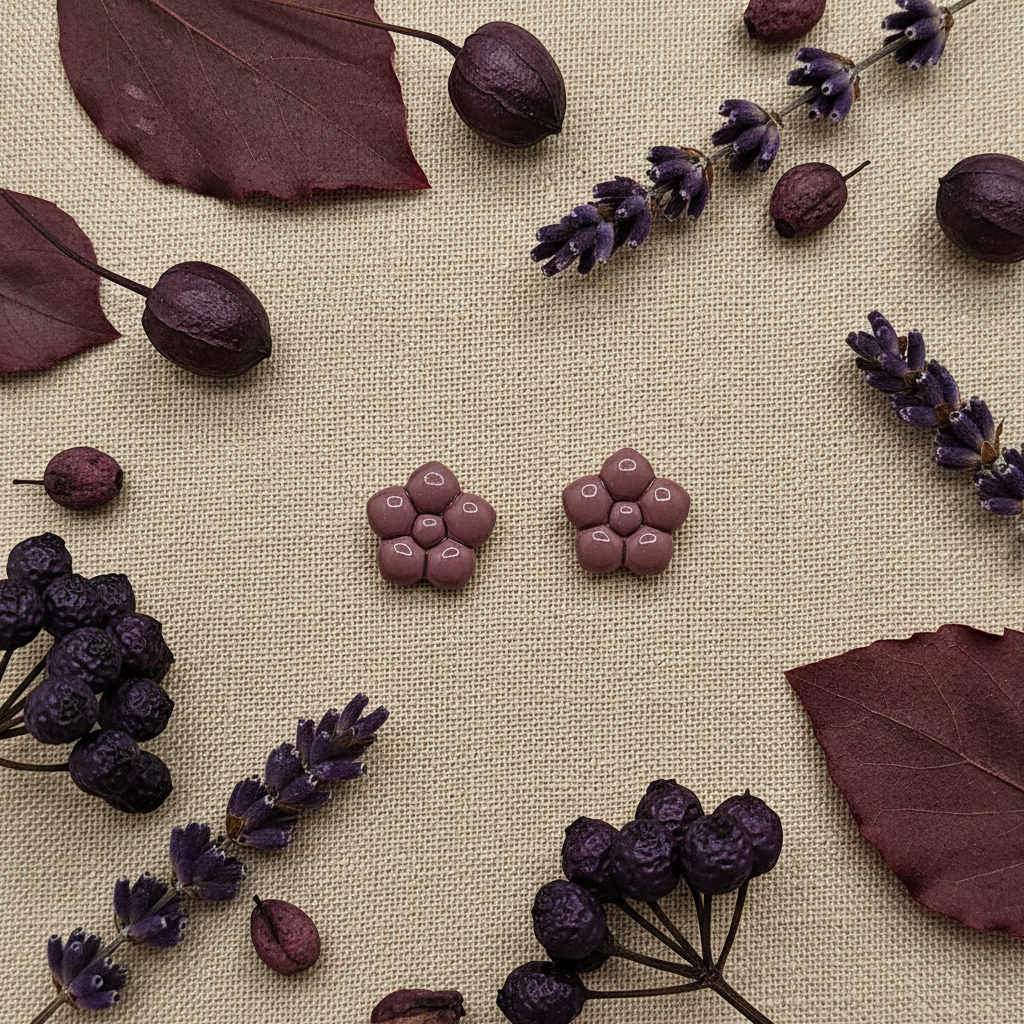 Primrose Studs in Damson flat lay with dried dark plum lavender and deep purple berries on warm linen, handmade polymer clay earrings from Crafty Larder's Harvest & Dusk Collection