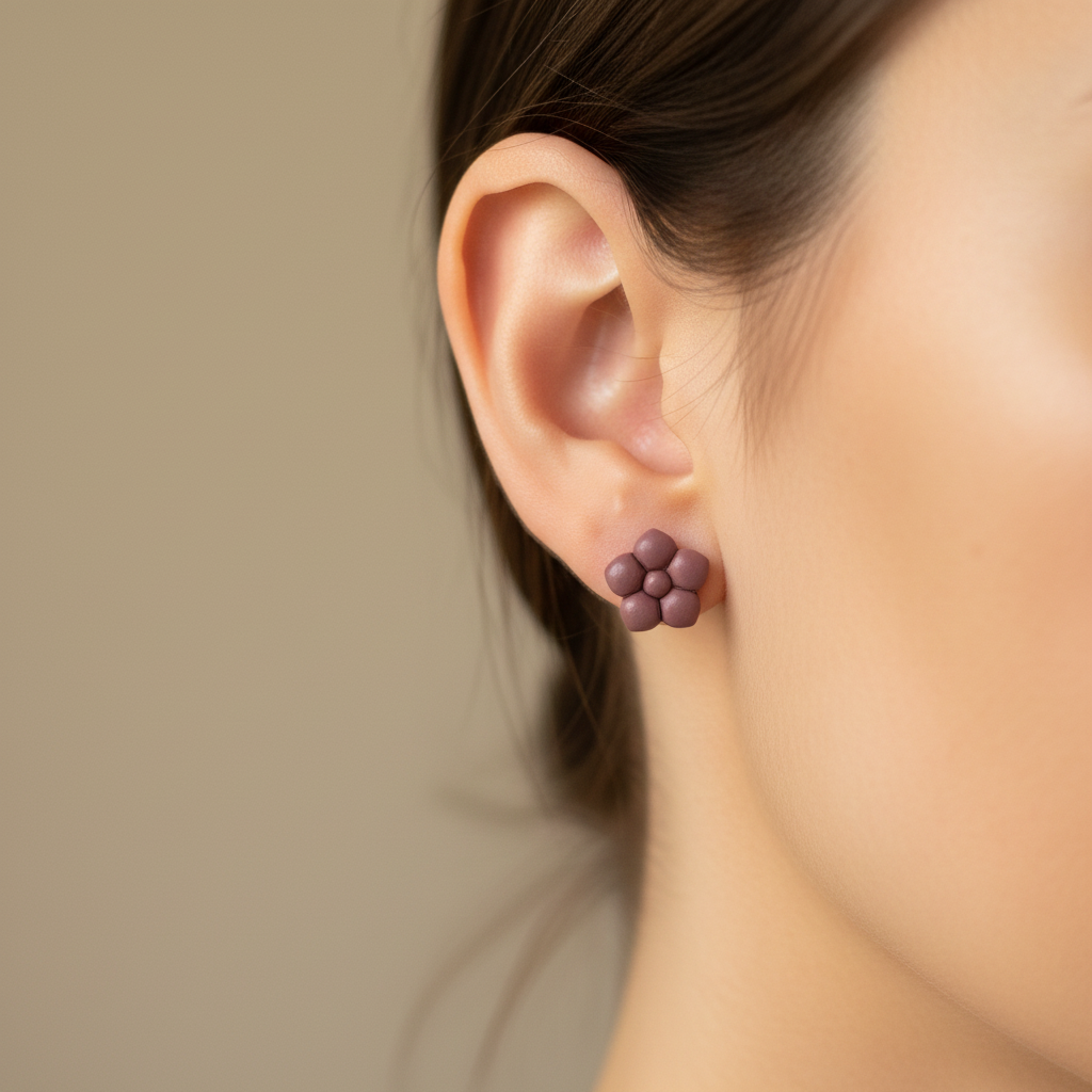 Woman wearing a Primrose Stud in Damson, deep dusty plum purple polymer clay flower stud with smooth rounded bubble petals, handcrafted in New Zealand by Crafty Larder