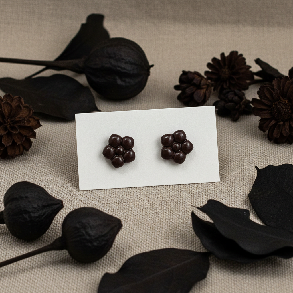 Primrose Studs in French Roast — handmade polymer clay flower stud earrings with smooth glossy bubble petal finish, displayed on white card with dark espresso dried seed pods and moody dark brown botanical styling, handcrafted in New Zealand by Crafty Larder