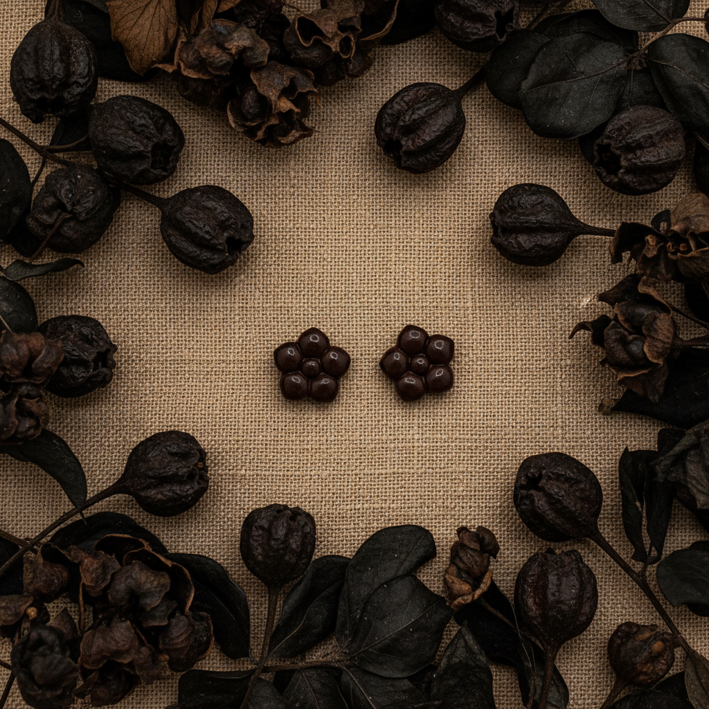 Primrose Studs in French Roast flat lay with dark espresso dried seed pods and black-brown botanicals on warm linen, handmade polymer clay earrings from Crafty Larder's Harvest & Dusk Collection