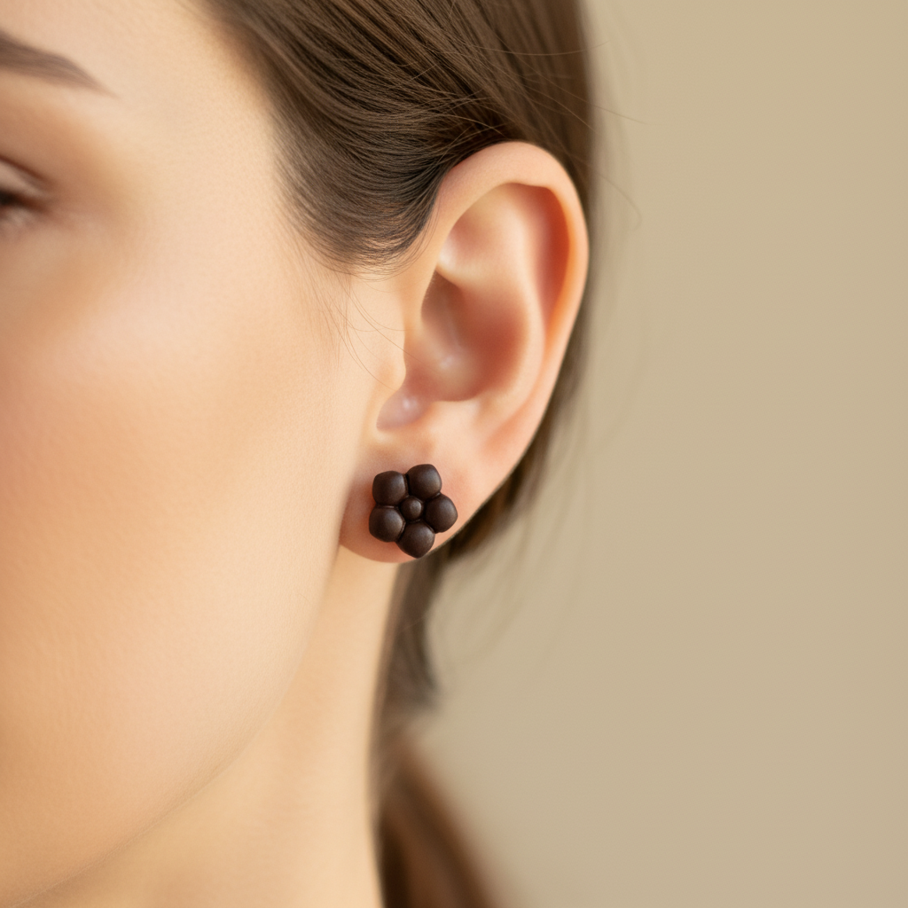Woman wearing a Primrose Stud in French Roast, deep dark espresso brown polymer clay flower stud with smooth rounded bubble petals, handcrafted in New Zealand by Crafty Larder
